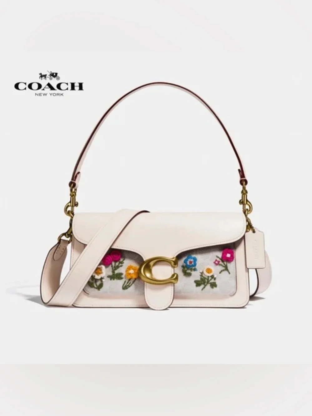 Coach Tabby 26 Cream Leather Shoulder Bag with Multicolor Floral Embroidery